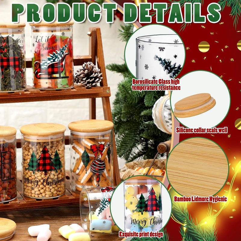 Shellwei 6 Pcs Christmas Glass Storage Jar with Airtight Bamboo Lid Buffalo Plaid Canister Sets Christmas Tree Sled Cookie Jars Candy Storage 19oz for Kitchen Containers Countertop Decoration - Image 3